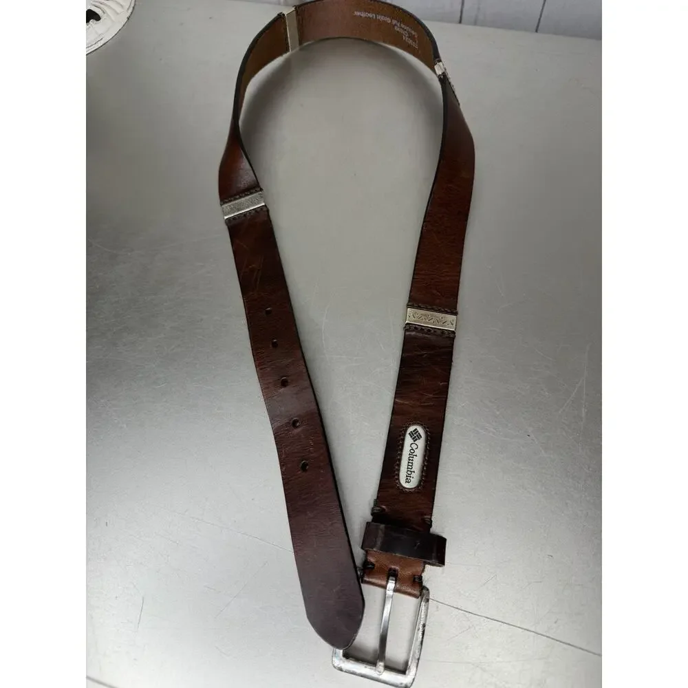 Vintage Columbia Mens Belt Brown Leather Brass Buckle Western Accent Size Large
